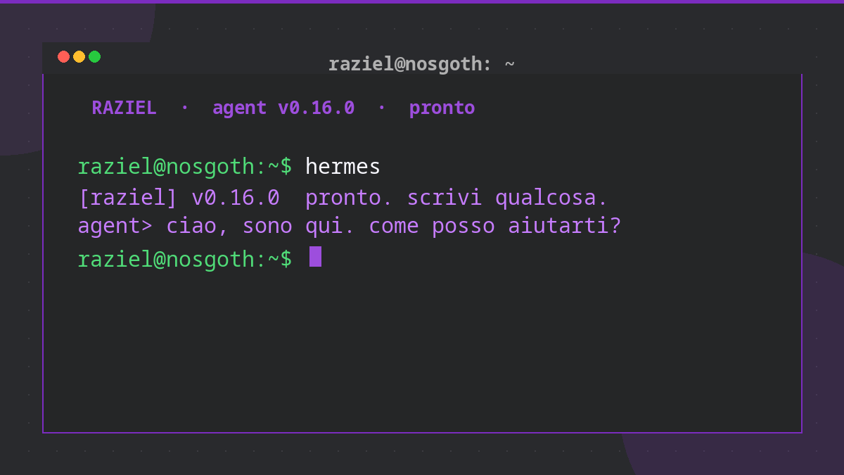 Screenshot del primo avvio: banner Raziel, prompt, prima risposta dell’agente.