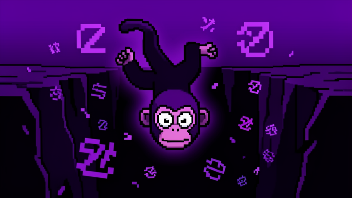 Scimmia pixel art che cade in un burrone di errori terminali: SEGFAULT, ImportError, Tool not found fluttuano nell’aria.