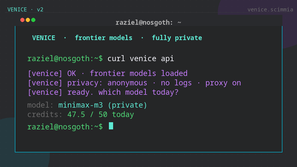 Terminal stilizzato Raziel con palette leggermente più acqua/ciano: prompt &lsquo;curl venice api&rsquo; e risposta &lsquo;frontier models loaded · no logs&rsquo;.